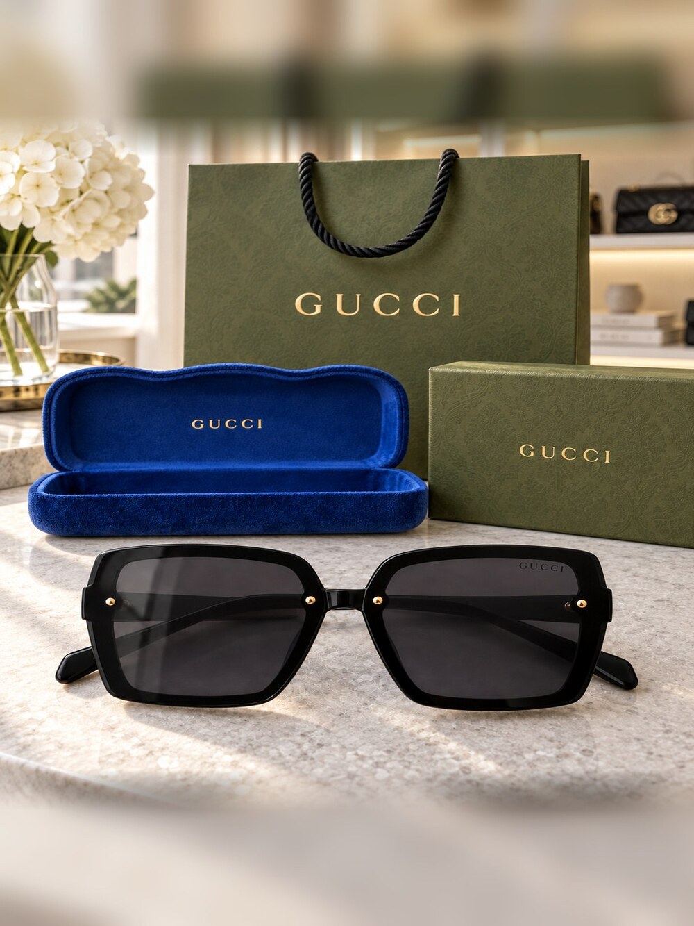 Gucci Black Gold Trim Square Sunglasses - Picture 6 of 6